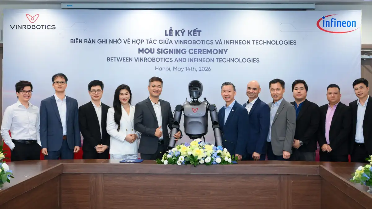 Vertreter von Vinrobotics und Infineon haben in Hanoi eine Absichtserklärung unterschieben, die u.a. eine gemeinsame Entwicklung von humanoiden Robotern vorsieht. Foto: Vinrobotics via Infineon